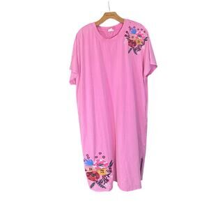 Layerz 2XL Pink Embroidered Maxi Lounge Dress Pockets Cotton Blend